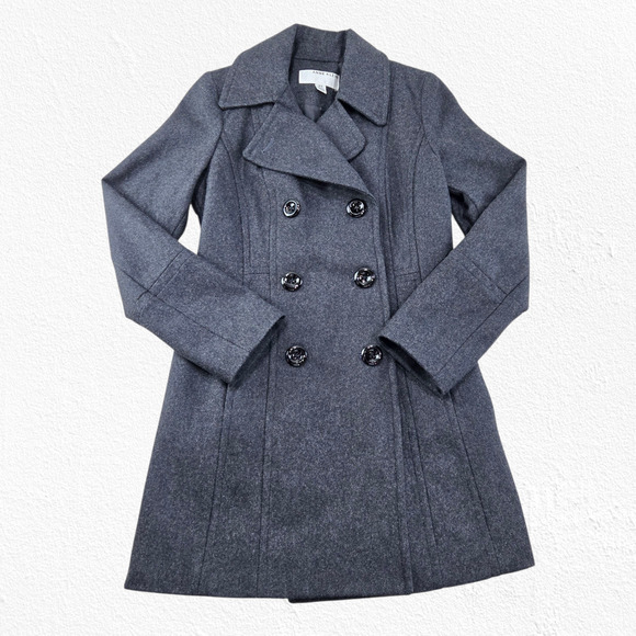 Anne Klein Gray Wool Blend Double Breasted Peacoat Jacket Nipped Waist Size XS - Picture 1 of 10